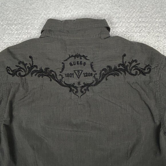 Guess Shirt Mens L Pearl Snaps Embroidered Grey Contrast Trim Western Cowboy - Picture 8 of 15